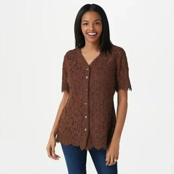 Isaac Mizrahi Lace Button Front Blouse Top Brown XS - Picture 1 of 8